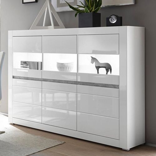 4066075049906 - Vitrinen-Highboard in weiß Hochglanz inkl LED und mit Griffmulden in Betonoptik COGO-61 BxHxT 164x131x42cm - weiß