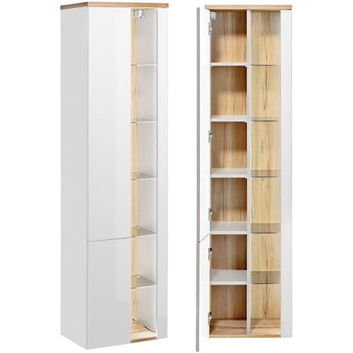 4251581551276 - Badezimmer Hochschrank mit LED-Beleuchtung BERMUDA-56 in weiß Hochglanz mit Wotaneiche B H T 45 170 33cm - weiß