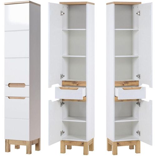 4251581512246 - Badezimmer Hochschrank SOLNA-56 Hochglanz weiß mit Wotaneiche B x H x T ca 35 x 187 x 33cm - weiß