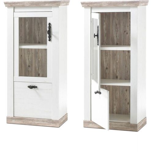 4251581523303 - Lomadox - Vitrine FERNA-61 im Landhaus Stil Pinie weiß Nb und Oslo Pinie dunkel Nbinkl led b h t ca 71x146x37cm - braun