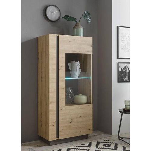 4066075003960 - Lomadox - Beleuchteter Vitrinenschrank CARDIFF-61 in Eiche Artisan Nb mit Absetzungen in Graphit grau b h t ca 72 154 40 cm - braun