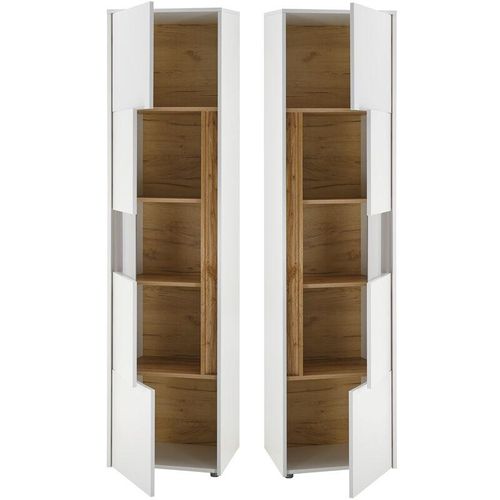 4066075004004 - Wohnzimmer Vitrinenschrank CRISP-61 in weiß mit Absetzungen in Wotan Eiche Nb B H T ca 50 197 40 cm - braun