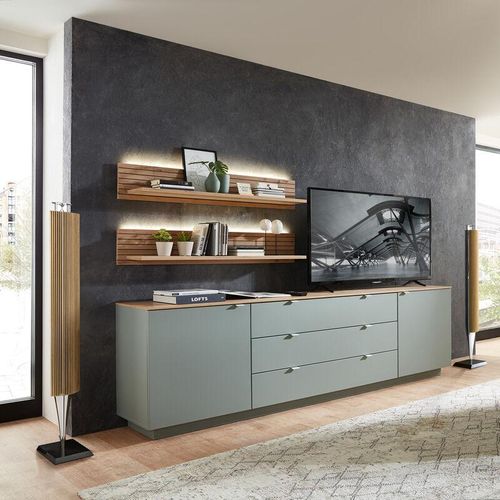 4066075137900 - Lomadox - tv Sideboard Set mit Wandregalen Fernsehschrank grün mit Eiche Breite 240 cm CUST-36 inkl led Beleuchtung - grün