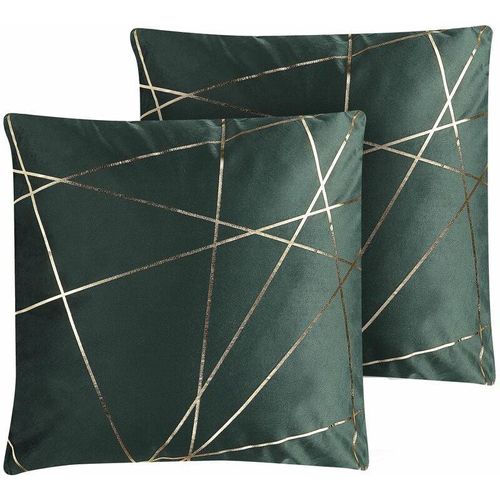 4251682267786 - Dekokissen 2er Set Grün Polyester-Füllung Abnehmbarer Bezug Samtstoff 45x45 cm Geometrisches Muster in Gold Accessories Wohn- u Schlafzimmer