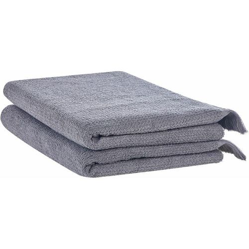 4255664805768 - Beliani - Handtuch-Set Grau Baumwolle und Polyester 2-teilig Strandtuch 100 x 150 cm mit Fransen Modern Saugfähig Schnelltrocknend Ringgesponnen für