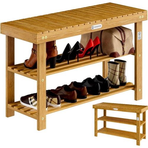 4250525359879 - CASARIA® Schuhregal mit Sitzfläche Holz Massiv 160kg Belastbarkeit FSC®-Zertifiziert Akazie 3 Ebenen Flur Bad Schuhbank Sitzbank Schuhschrank Braun