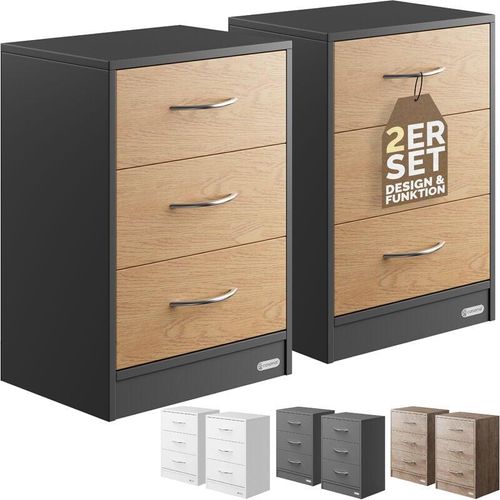 4251779129478 - Nachttisch Eloise 3 Schubladen Kabelführung Wandbefestigung Boxspringbett Schlafzimmer Nachtschrank Nachtkonsole Nachtkommode Holz 54x39x28cm 2er Set