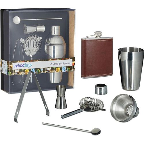 4052025240424 - 6 tlg Bar-Set aus Edelstahl Flachmann 200 ml Shaker Barsieb Messbecher Cocktaillöffel Eiswürfelzange Cocktailset