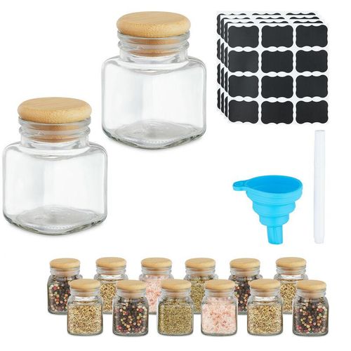 4052025474454 - Gewürzgläser 14er Set Gewürzdosen 100 ml mit Etiketten Stift & Trichter Glas & Bambus transparent natur - Relaxdays