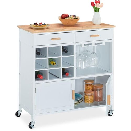 4052025413378 - Küchenwagen HxBxT 885 x 86 x 41 cm Arbeitsplatte Weinregal Gläserhalter Küchenschrank mit Rollen weiß - Relaxdays