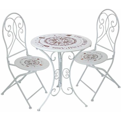 4059157313989 - Etc-shop - Balkonmöbel Tisch 2 Stühle Gartenmöbel Set Metall Vintage Kleiner Gartentisch 2er Set Klappstühle Bistro Sitzgruppe mit Kompass Design weiß