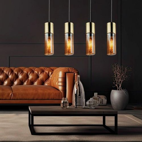 9007371496952 - - Pendelleuchte messing Esstischlampe Hängelampe Glas amber Wohnzimmerlampe 4x E27 LxH 80x156 cm