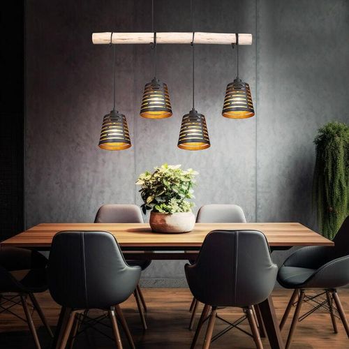 9007371494439 - - Pendelleuchte Holzbalken Hängelampe Retro Esszimmerlampe hängend mit vier Metallschirmen schwarz gold 4x E27 LxBxH 85x17x120 cm Wohnzimmer