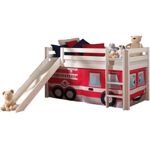 5420070212908 - Hochbett Spielbett Kinderzimmer PINOO-12 Textilset Feuerwehr in Kiefer massiv weiß lackiert incl Rutsche b h t ca 210 114 218 cm - weiß