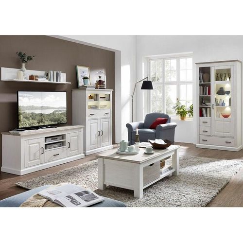 4251581567949 - Wohnwand im Landhausstil inkl Couchtisch & Vitrine LEER-55 in Pinie weiß mit Abs taupe b h t ca 348 204 52cm - grau