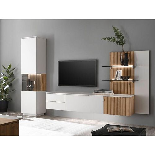 4066075126614 - Lomadox - Wohnzimmer Wohnwand LUCERA-52 weiß Eiche massiv bianco geölt 3-teilig - weiß