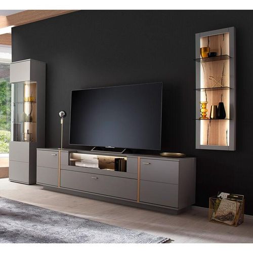 4066075122005 - Lomadox - Wohnzimmer Schrankwand SAVANNAH-05 in grau mit Eiche inkl TV-Element Vitrine und Wandregal b h t ca 366 207 50 cm - grau