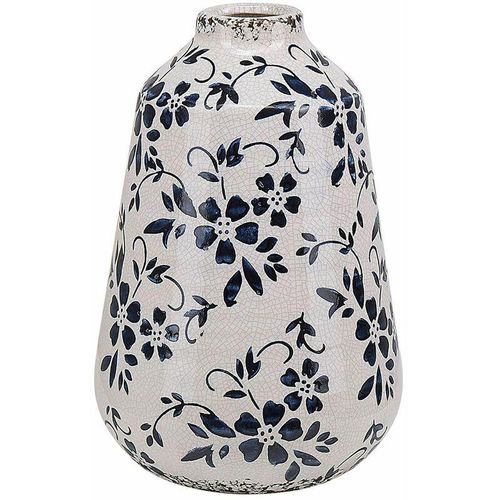 4251682267540 - Beliani - Blumenvase Weiß Steinzeug Handgefertigt 20 cm mit Blauem Blumenmotiv Wasserdicht Deko Accessoires Wohnzimmer Schlafzimmer Flur Kamin