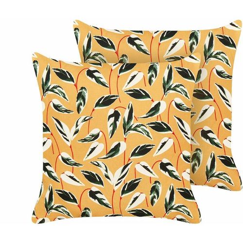 4255664841520 - Beliani - Gartenkissen Gelb 45 x 45 cm Quadratisch Blätter Muster Blatt Motiv für Garten Terrasse Outdoor