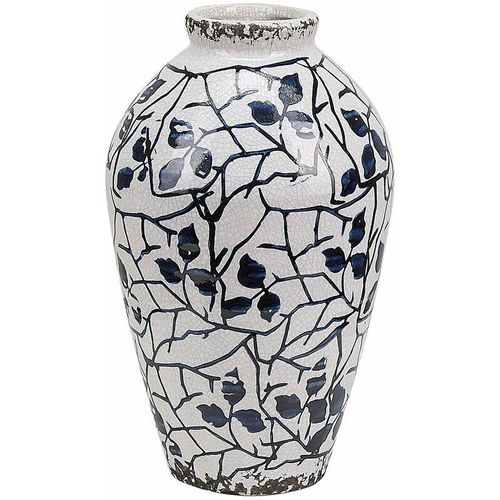 4251682267526 - Beliani - Blumenvase Weiß Steinzeug Handgefertigt 20 cm mit Blauem Blumenmotiv Wasserdicht Deko Accessoires Wohnzimmer Schlafzimmer Flur Kamin