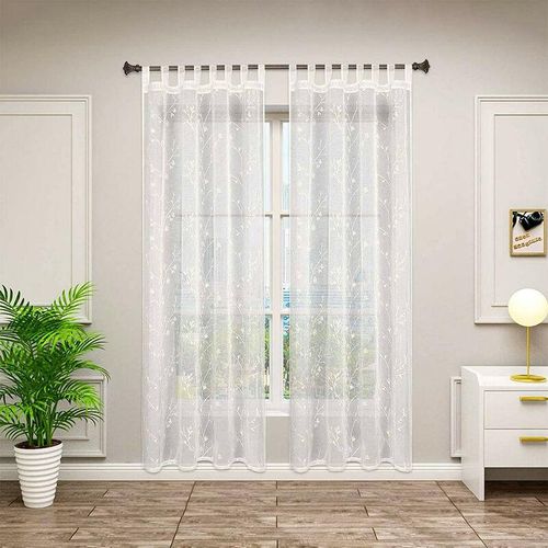 4063425123989 - Gardinen transparent Blumen Stickerei mit Schlaufen Leinen Optik(2 Stücke) beige 140x225 cm - beige - Woltu