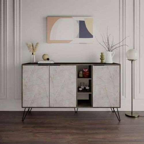 0645656392521 - Toscohome - Sideboard mit 3 Türen 142 cm mit weißem Marmoreffekt und dunkler Kaffeestruktur - Clara