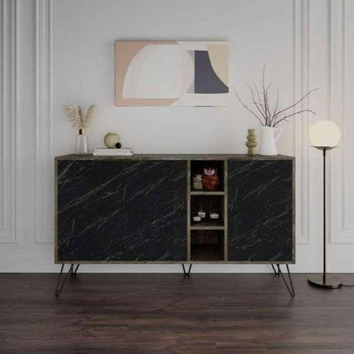 0645656392538 - Toscohome - Sideboard 142 cm mit 3 schwarzen Türen in Marmoroptik und dunkler Kaffeestruktur - Clara Bendir