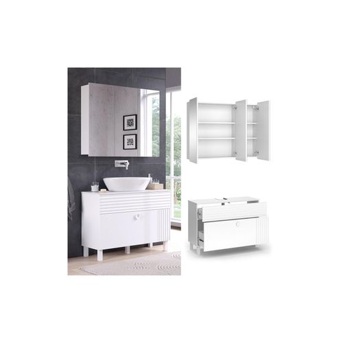 4066731340743 - Badmöbel-Set Sola Weiß matt moderne Serie Badezimmer dekorative Front Waschtischunterschrank Spiegelschrank 4066731340743 - Badmöbel-Set Sola Weiß matt moderne Serie Badezimmer dekorative Front Waschtischunterschrank Spiegelschrank
