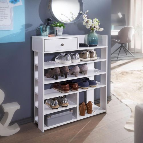 4250950294776 - Finebuy - Design Schuhregal 75 x 925 x 24 cm Flurregal Weiß Hohes Standregal mit 7 Fächern Regal mit Schublade