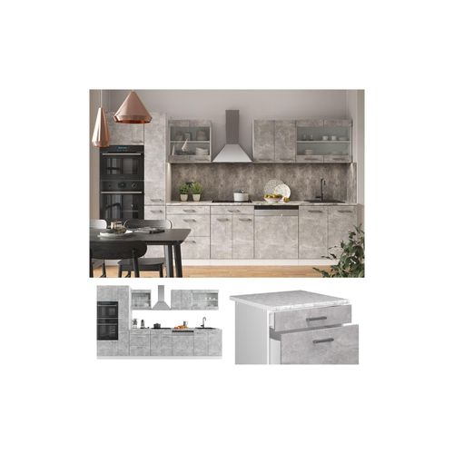 4066731046478 - Küchenzeile Küchenblock Einbauküche R-Line 350 cm Weiß Beton Arbeitsplatte 4066731046478 - Küchenzeile Küchenblock Einbauküche R-Line 350 cm Weiß Beton Arbeitsplatte