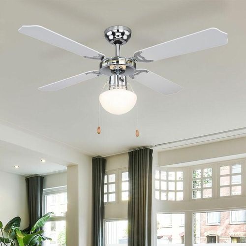 9007371464609 - Deckenventilator mit Beleuchtung Vor Rücklauf Zugschalter Glas Lampe Windmaschine Lüfter Metall chrom Glas kühlen wärmen 1x E27 Fassung d 1066 cm