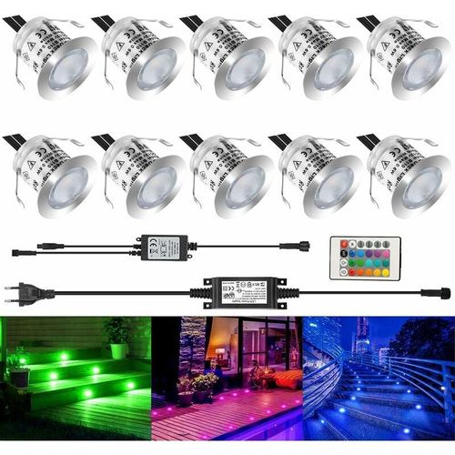 9333272001972 - Longziming - 10 Set rgb led Einbaustrahler Wasserdicht IP67 led Strahler Mini Einbaustrahler 12V Netzteil Einbaustrahler Lampe für Terrasse Holz