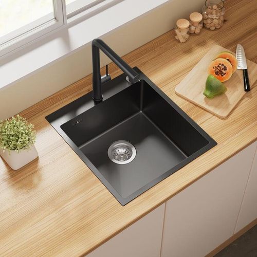 0719986118035 - Küchenspüle 44 x 49 cm Edelstahl Waschbecken Einbauspüle Spülbecken mit 2 Montagelöcher + Ablaufgarnitur + Seifenspender Anthrazit - Auralum