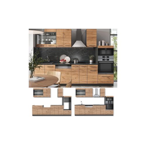 4066731166510 - Küchenzeile Küchenblock Einbauküche Fame-Line Anthrazit Eiche 300 cm modern Küchen Schränke Schubunterschrank Unterschrank Spülenunterschrank Hängeschrank Mikrowellenschrank Geschirrspülerblende