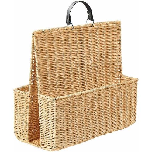 4255664852229 - Zeitungsständer Naturfarben Rattan mit Griff Schmal Schlicht Geflochten 2 Fächer Boho Wohnzimmer Zeitschriftensammler Zeitungshalter Stehend