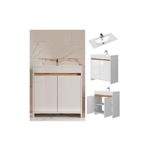 4066731232390 - Waschbecken mit Unterschrank Lemgo 80 cm breit Waschtisch stehend Weiß 4066731232390 - Waschbecken mit Unterschrank Lemgo 80 cm breit Waschtisch stehend Weiß