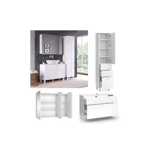 4066731340767 - Badmöbel-Set Sola Weiß matt moderne Serie Badezimmer dekorative Front Waschtischunterschrank Spiegelschrank Hochschrank