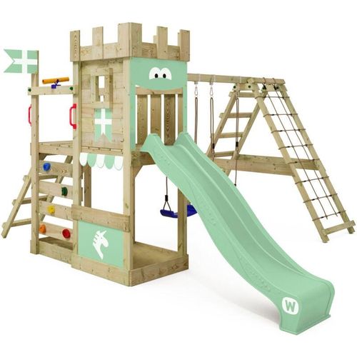 4255689929883 - Spielturm Ritterburg DragonFlyer mit Schaukel & Rutsche Spielhaus mit Sandkasten Kletterleiter & Spiel-Zubehör - pastellgrün - Wickey