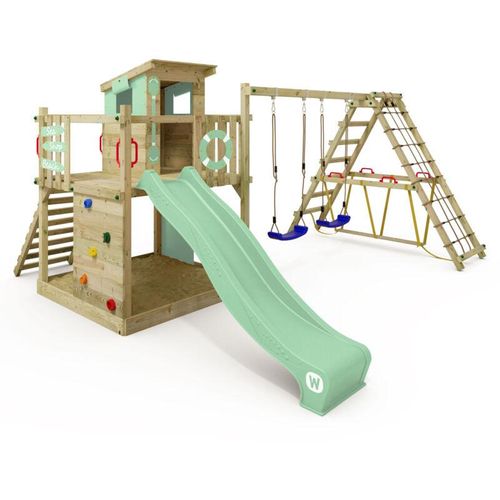 4255689929524 - Spielturm Klettergerüst Smart Surf Schaukel & Rutsche Kletterturm mit Sandkasten Leiter & Spiel-Zubehör - pastellgrün - Wickey