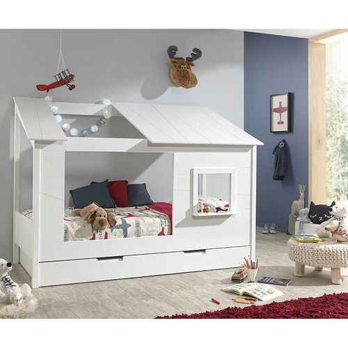 4251581559654 - Lomadox - Baumhaus Kinderbett ALEXANDRIA-12 Liegefläche 90 x 200 cm und Bettschublade Dach offen weiß lackiert - b h t 214 1585 105cm