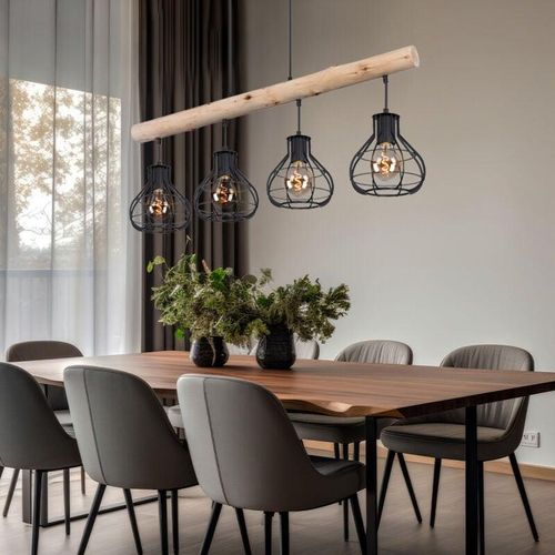 9007371492947 - Pendelleuchte Holzlampe 4 flammig Käfig Lampenschirm Hängelampe Wohnzimmerlampe Metall Holz schwarz braun 4x E27 Fassungen LxBxH 90x18x120 cm