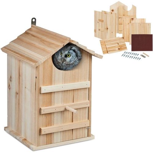 4052025487836 - Eulen Nistkasten Bausatz Holz Einflugloch h x b 95 x 95 cm aufklappbar Vogelhaus zum Aufhängen natur - Relaxdays