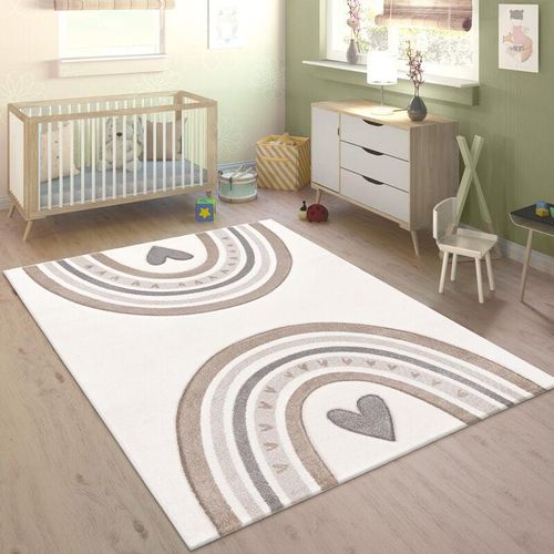 4061981208447 - Teppich Kinderzimmer Kinderteppich Spielteppich Pastell 3D Regenbogen Herz Punkte Beige 133 cm Quadrat - Paco Home