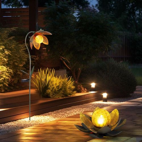 9007371495740 - - Solardeko led Lotusblüte Erdspieß Gartenlampe Außenleuchte Solarlampe Blume Lotosblüte Metall mehrfarbig Kugel Bruchglas Optik 2er Set