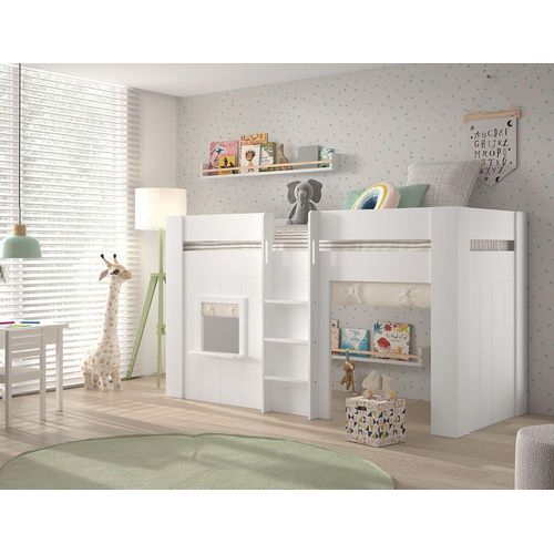 5420070241304 - VIPACK - RENO halbhohes Spielbett 90 x 200 cm Liegefläche inkl Vorhang Set Creme-Weiß