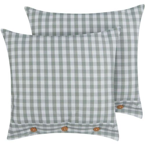 4255664858856 - Beliani - Dekokissen 2er Set Mintgrün   Weiß Karomuster 45 x 45 cm Quadratisch mit Knöpfen für Wohnzimmer Schlafzimmer Sofa Sessel Bett