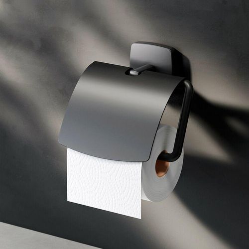 4051343071604 - Ampm - Toilettenpapierhalter mit Deckel Wandmontage ohne bohren klebend Klopapierhalter Edelstahl wc Papierhalter Badezimmer Edelstahl Schwarz matt