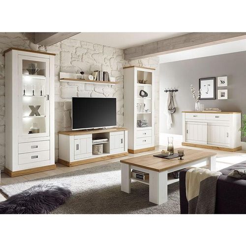 4251581585523 - Lomadox - Wohnwand Set inkl Sideboard und Couchtisch im Landhaus Design OSIMO-61 Pinie Weiß mit Wotan Eiche b h t ca 324 204 40-46 cm - weiß