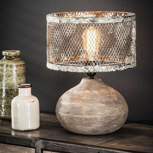 4260623715934 - Tischleuchte Eleonora aus massivem Holz und Metall in Grau E27 - grey - Famlights