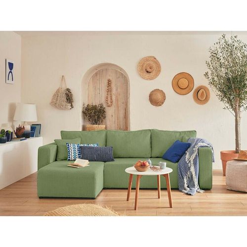 3701061730802 - Bestmobilier - Topaze – ecksofa beidseitig montierbar– 4-sitzer– schlaffunktion mit bettkasten – aus cord - salbeigrün - Salbeigrün